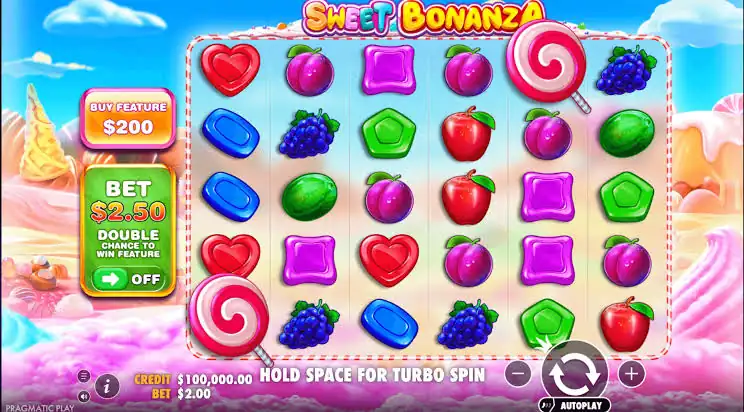 Sweet Bonanza 6×5 reels by Pragmatic Play: hearts, plums, grapes, apples and two lollipop scatters on a candy-pink background, with the bet at $2.00