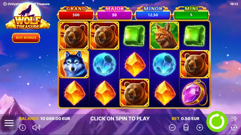 Onlyplay's Wolf Treasure in its own demo: a 5×3 grid with bears, a lynx, a blue wolf and amber, green and blue gems, under four jackpots reading Grand 500, Major 50, Minor 12.50 and Mini 5 at a 0.50 bet, with a Buy Bonus button at top left
