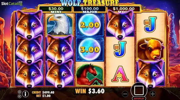 Wolf Treasure reels by IGTech: wolf wilds on the first two reels, moon coins worth 2.00 and 3.00, and the Mini, Major and Mega jackpots shown as $30, $100 and $1,000 at a $1 bet